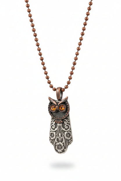 Handcrafted owl pendant made from vintage silverware. A whimsical, one-of-a-kind necklace symbolizing wisdom—perfect for owl lovers and vintage jewelry fans.