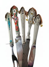 Handcrafted silverware birdhouse plant stake by KStonely. Upcycled, hand-painted, and beaded—whimsical cottagecore décor perfect for adding charm to any plant.