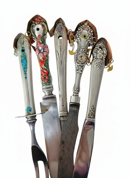 Handcrafted silverware birdhouse plant stake by KStonely. Upcycled, hand-painted, and beaded—whimsical cottagecore décor perfect for adding charm to any plant.