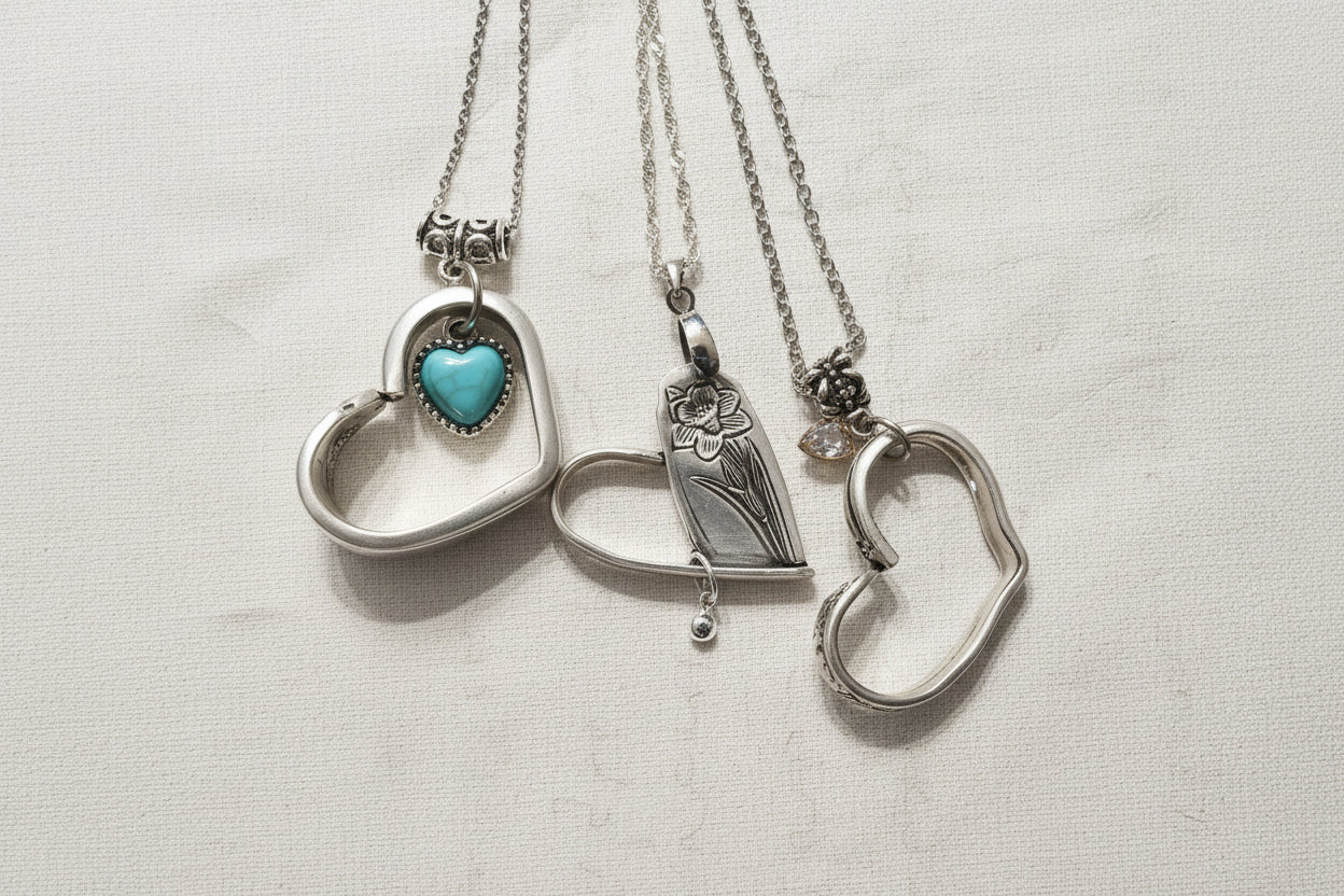 Handcrafted heart pendant made from vintage silverware. A unique, eco-friendly symbol of love—artisan-made in the USA and perfect for gifting or everyday wear.