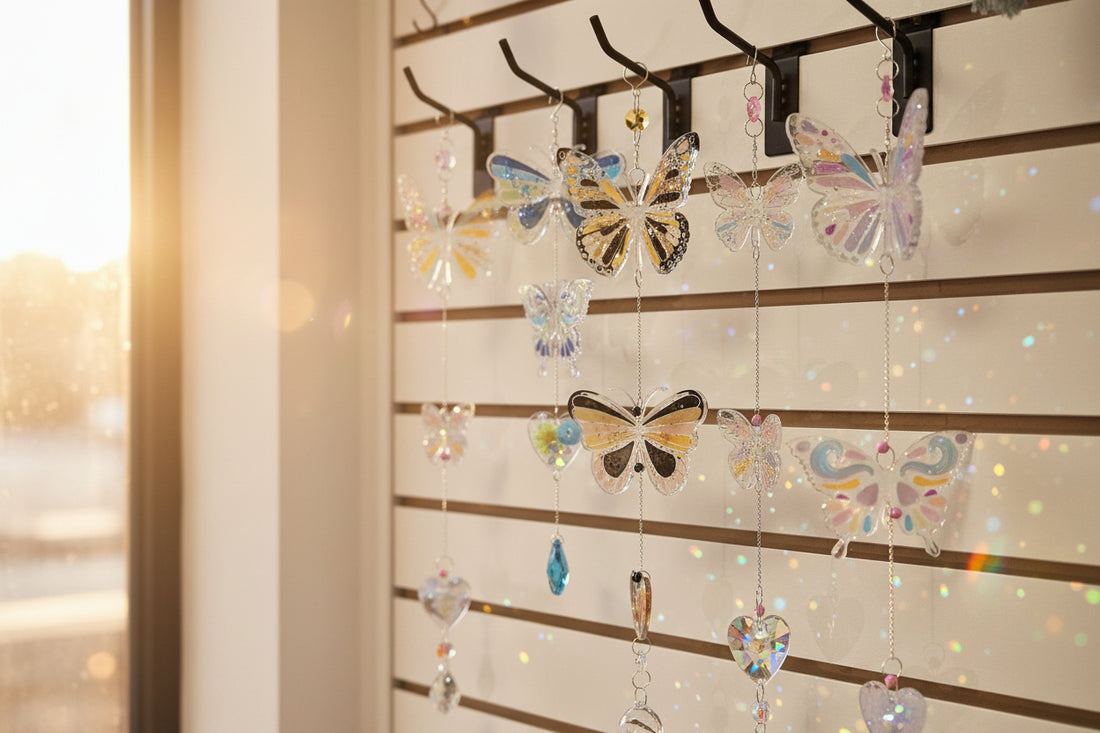 Handmade butterfly suncatchers with real pressed flowers and crystal chain. Reflects sunlight into rainbows—perfect for windows or near plants.