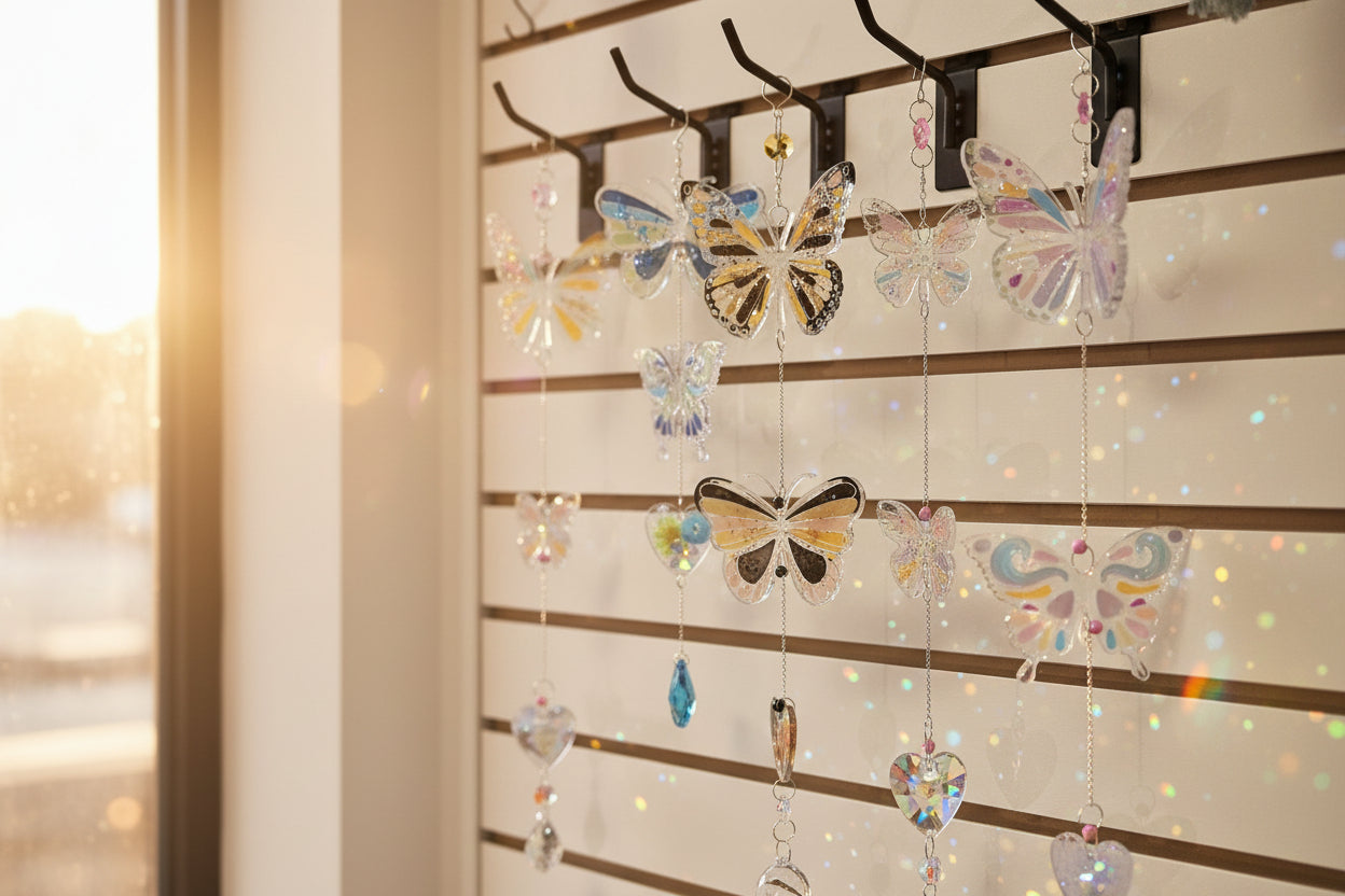 Handmade butterfly suncatchers with real pressed flowers and crystal chain. Reflects sunlight into rainbows—perfect for windows or near plants.