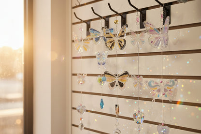 Handmade butterfly suncatchers with real pressed flowers and crystal chain. Reflects sunlight into rainbows—perfect for windows or near plants.