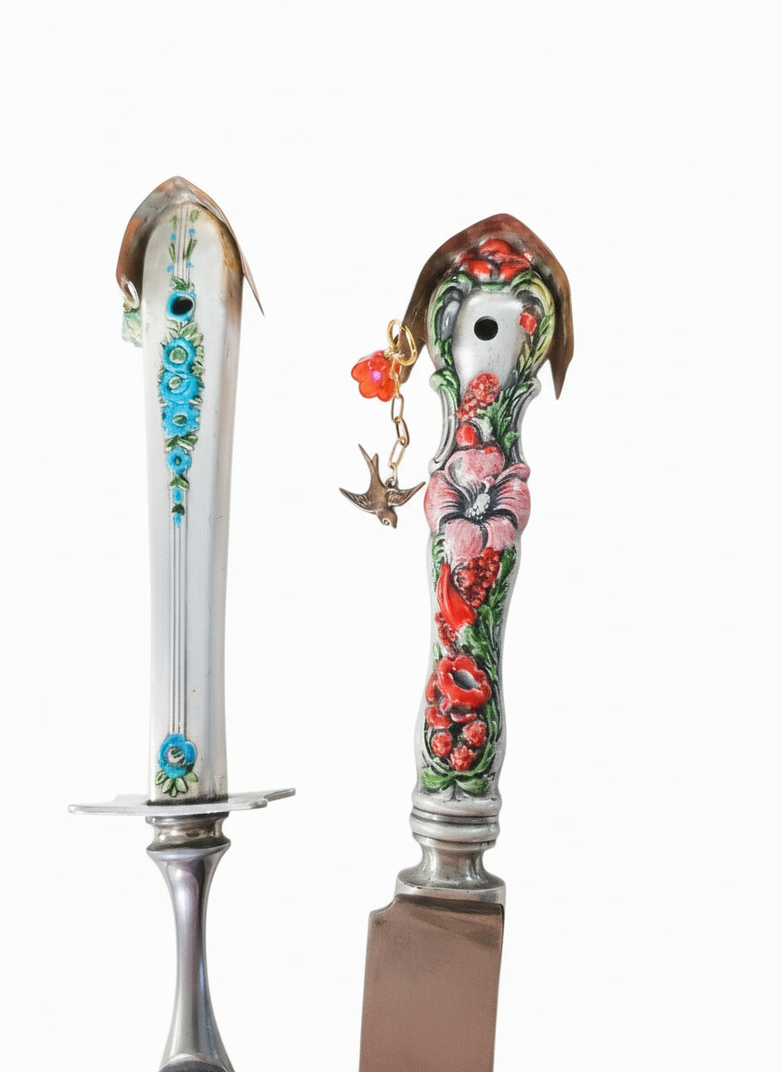 Handcrafted silverware birdhouse plant stake by KStonely. Upcycled, hand-painted, and beaded—whimsical cottagecore décor perfect for adding charm to any plant.