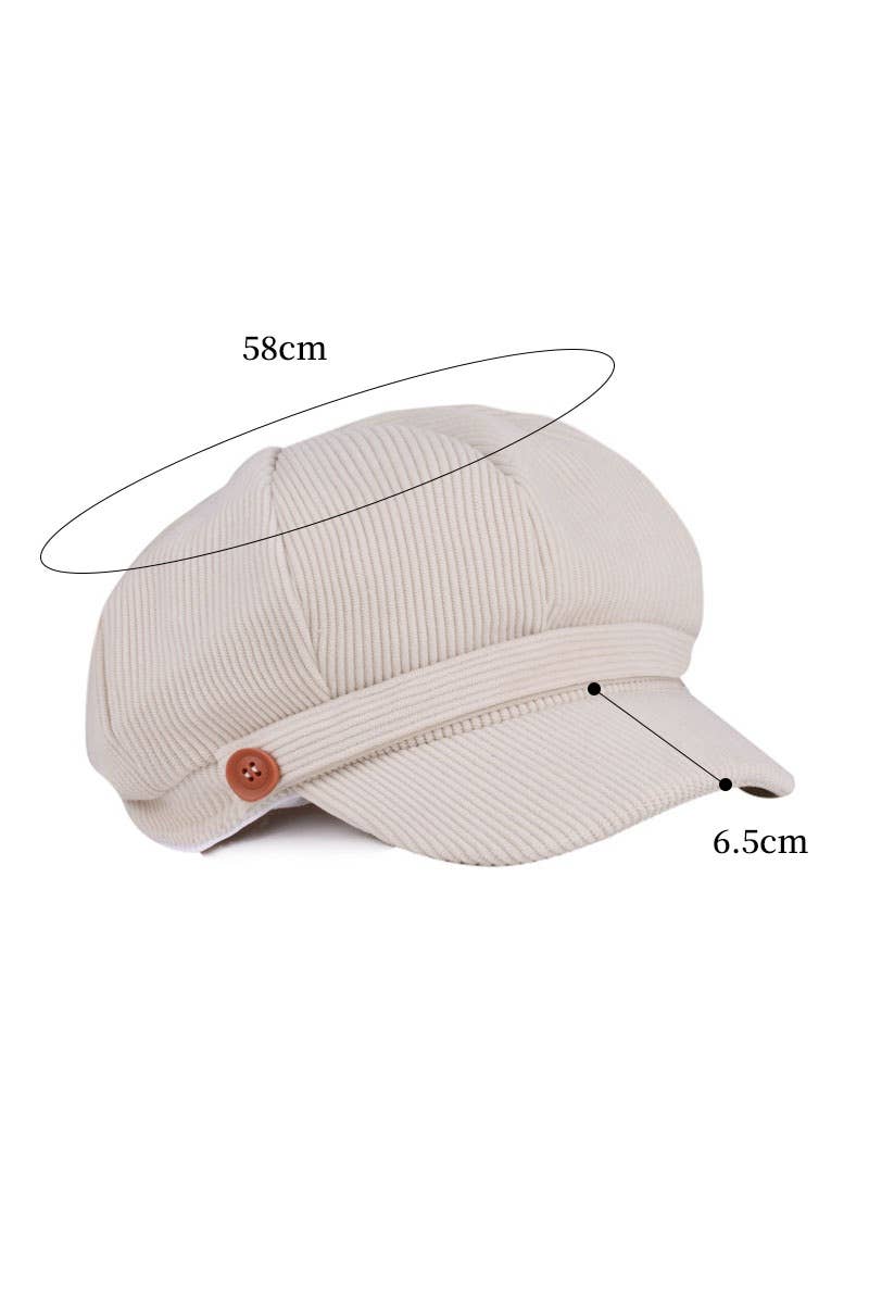 Add vintage charm with our Corduroy Cabbie Hat, featuring a curved brim, button accent, and elastic stretch back. Available in seven versatile colors.