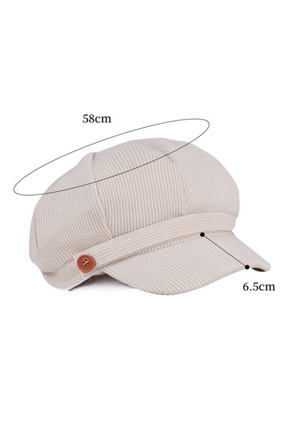 Add vintage charm with our Corduroy Cabbie Hat, featuring a curved brim, button accent, and elastic stretch back. Available in seven versatile colors.