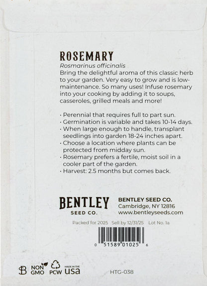 Heirloom rosemary seeds for fragrant perennial herb gardens. Easy-to-grow culinary herb perfect for soups, sauces, and sunny kitchen gardens.