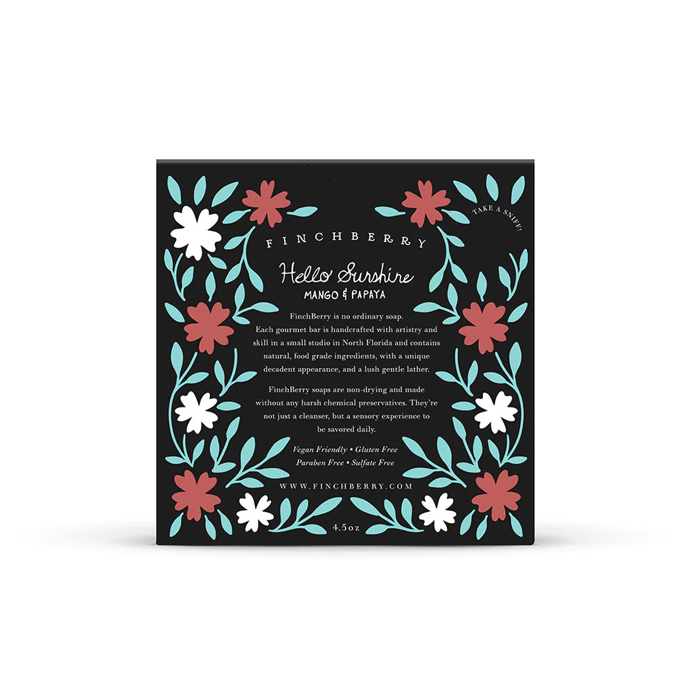 Hello Sunshine Soap—bright mango and papaya aroma uplift the senses. Moisturizing artisan bar with organic oils and shea butter for a tropical, joyful cleanse.