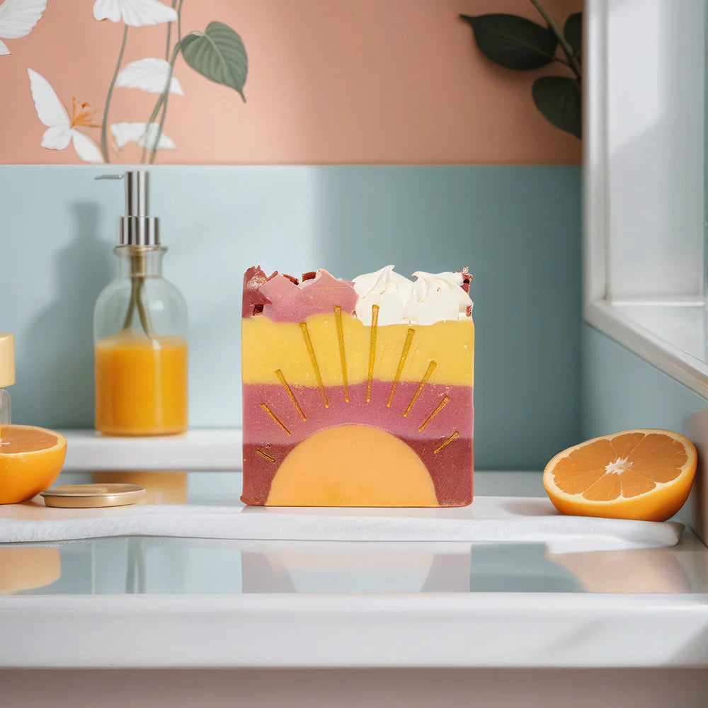 Hello Sunshine Soap—bright mango and papaya aroma uplift the senses. Moisturizing artisan bar with organic oils and shea butter for a tropical, joyful cleanse.