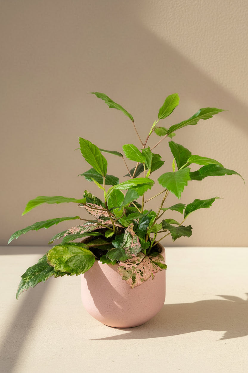Hibiscus ‘Red Hot’ features bold red tropical blooms and glossy foliage. Sun-loving flowering plant perfect for patios, bright windows, and tropical styling.