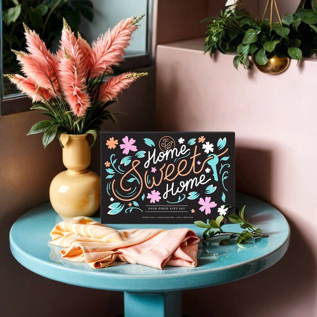 Home Sweet Home Gift Set—fresh linen–scented soaps, sage for cleansing, and a seed packet for new beginnings. Perfect housewarming and relaxation gift.