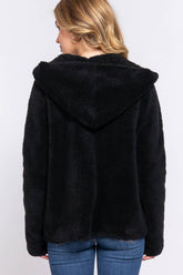 Dolman sleeve hoodie sherpa cardigan in ultra-soft 100% polyester. Warm, cozy, and relaxed fit—perfect for layering and everyday casual comfort.