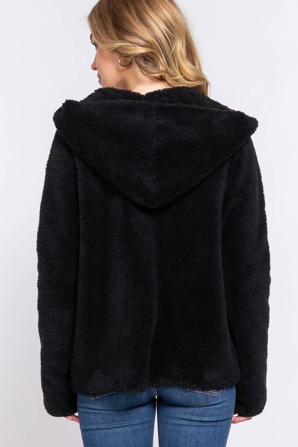 Dolman sleeve hoodie sherpa cardigan in ultra-soft 100% polyester. Warm, cozy, and relaxed fit—perfect for layering and everyday casual comfort.