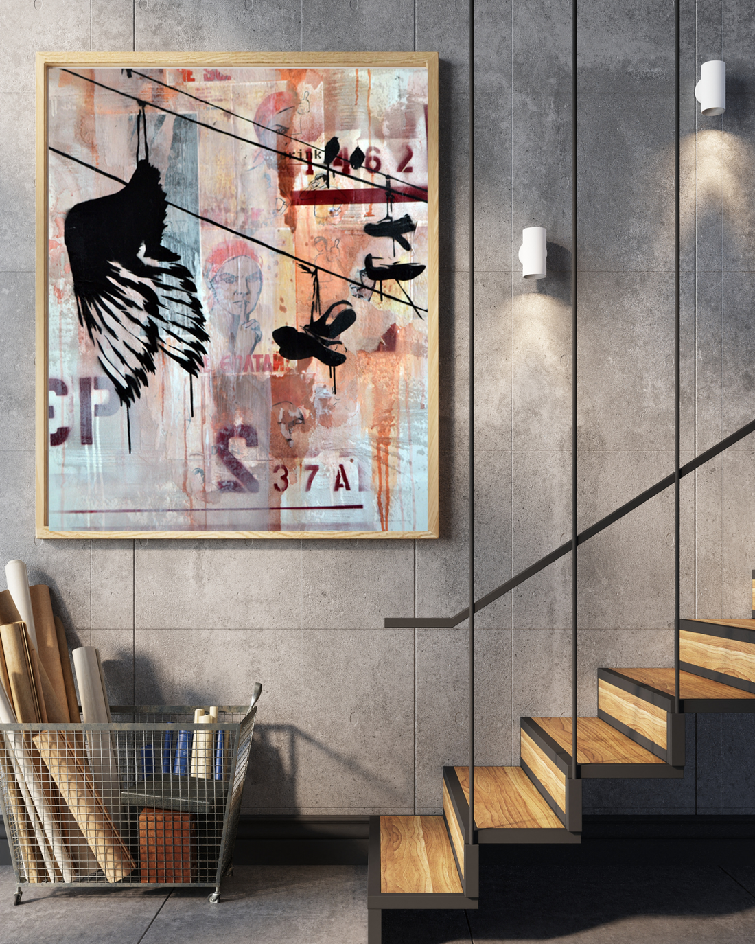 Hugs is a 30&quot;x40&quot; mixed media artwork blending urban street art with powerful symbolism. Featuring shoes hanging from power lines and a lone bird silhouette, it evokes themes of connection and memory. With bold black imagery against a textured background, it&