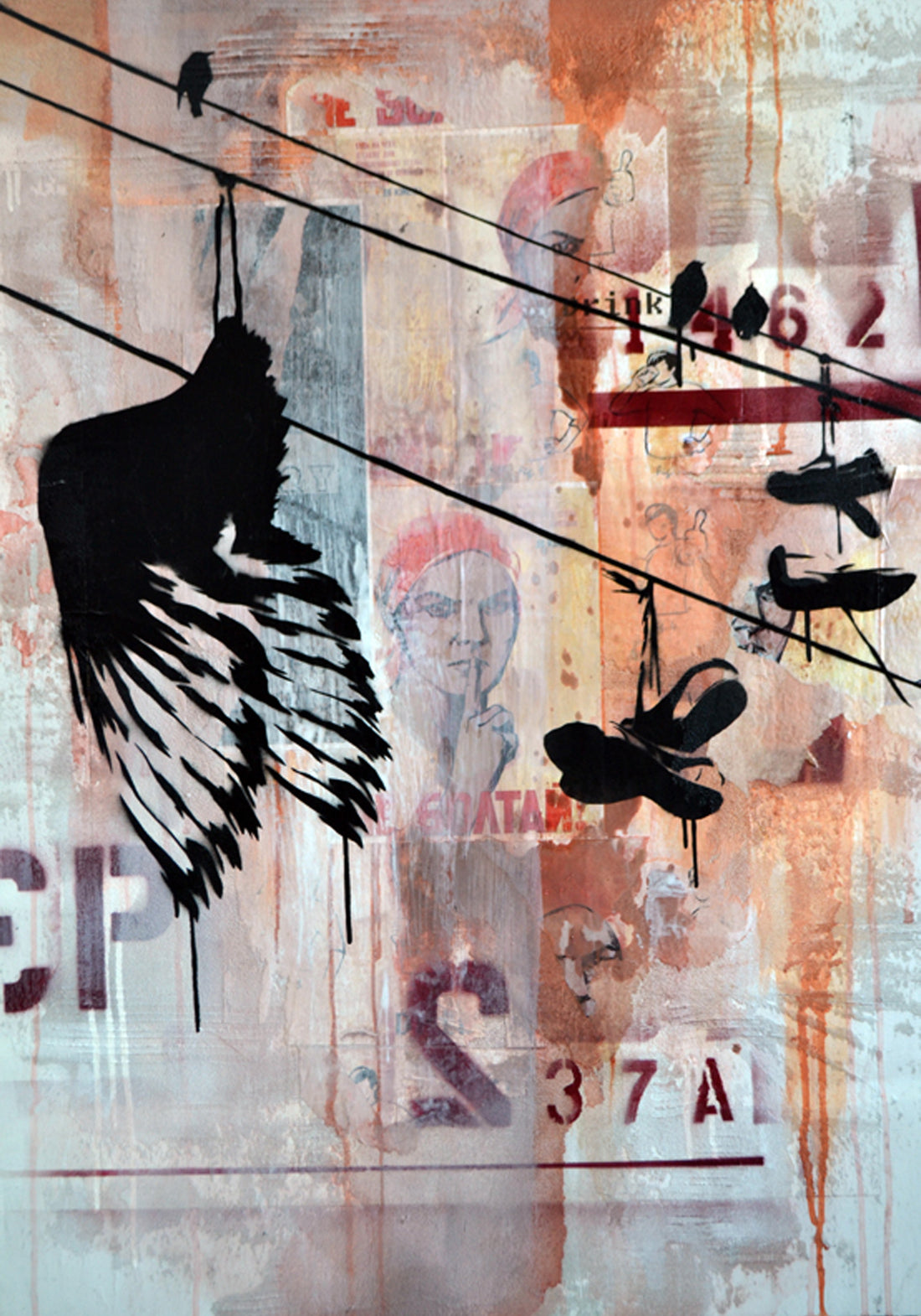 Hugs is a 30"x40" mixed media artwork blending urban street art with powerful symbolism. Featuring shoes hanging from power lines and a lone bird silhouette, it evokes themes of connection and memory. With bold black imagery against a textured background, it&