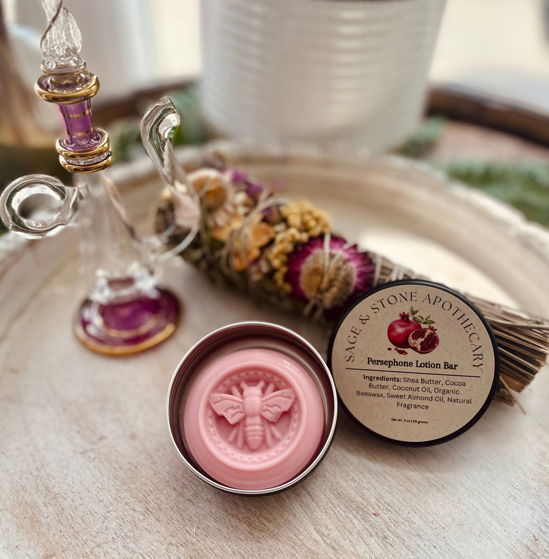 Persephone Lotion Bar hydrates &amp; nourishes with shea butter, cocoa butter &amp; oils. Portable, eco-friendly, and hand-poured for radiant, soft skin.