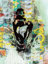 Inner Rage 2 is a bold 11"x14" mixed media artwork featuring a stenciled panther, blending street art with raw emotion. Vibrant splashes of green and black, layered graffiti, and diagonal stripes create dynamic tension, capturing the primal intensity of urban life.