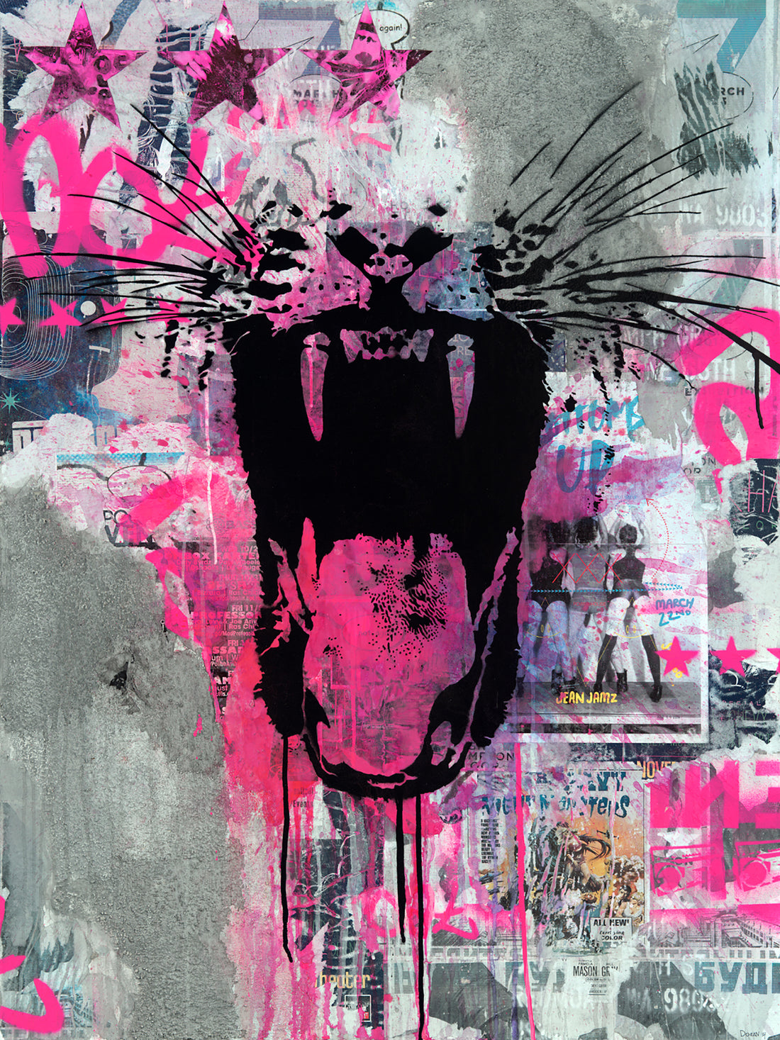Inner Rage 1 is a bold 36"x48" mixed media artwork featuring a stenciled panther, blending street art with raw emotion. Vibrant splashes of orange and black, layered graffiti, and diagonal stripes create dynamic tension, capturing the primal intensity of urban life. Perfect for modern spaces, pair with a ZZ Plant for balance.