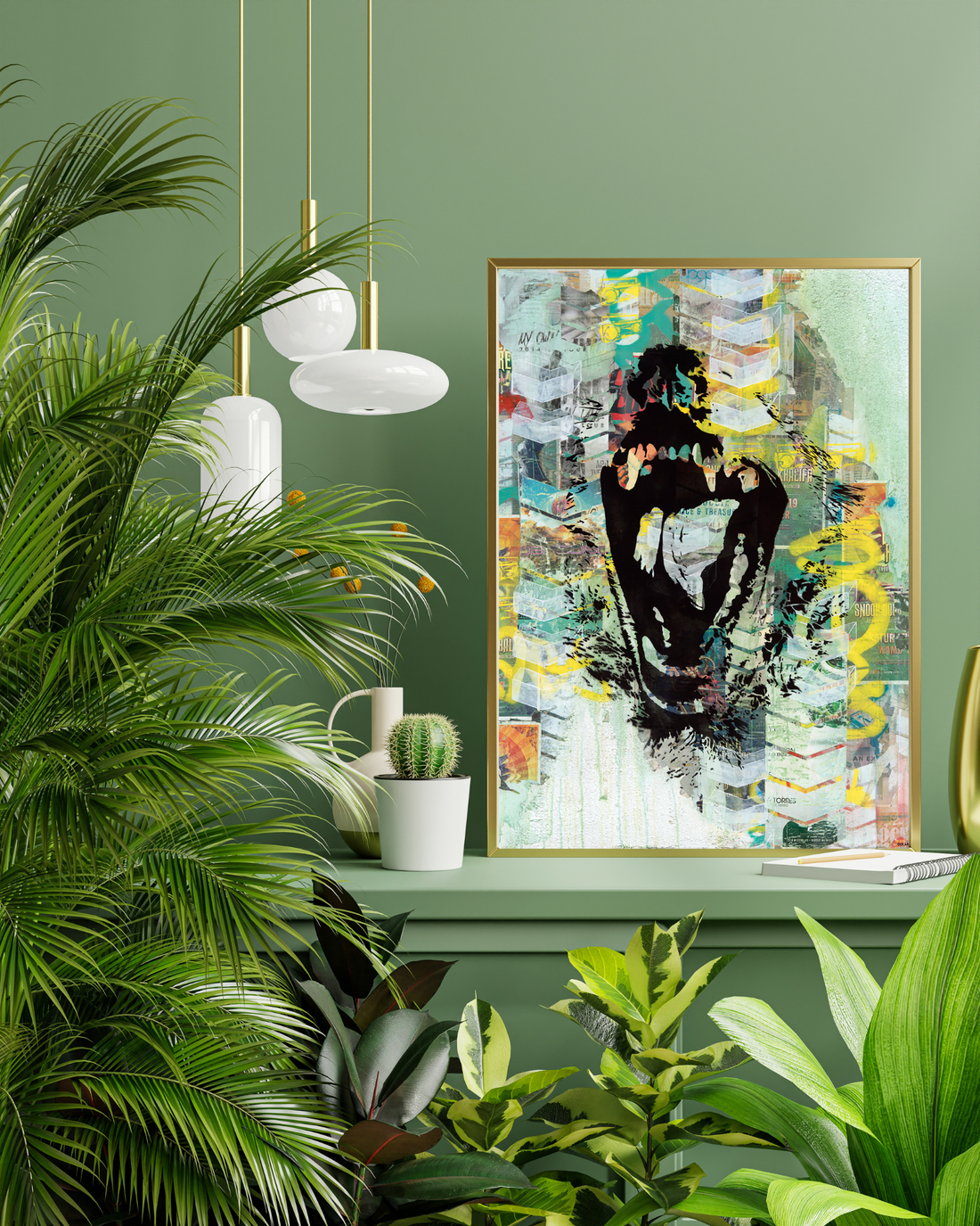 Inner Rage 2 is a bold 36"x48" mixed media artwork featuring a stenciled panther, blending street art with raw emotion. Vibrant splashes of green and black, layered graffiti, and diagonal stripes create dynamic tension, capturing the primal intensity of urban life.