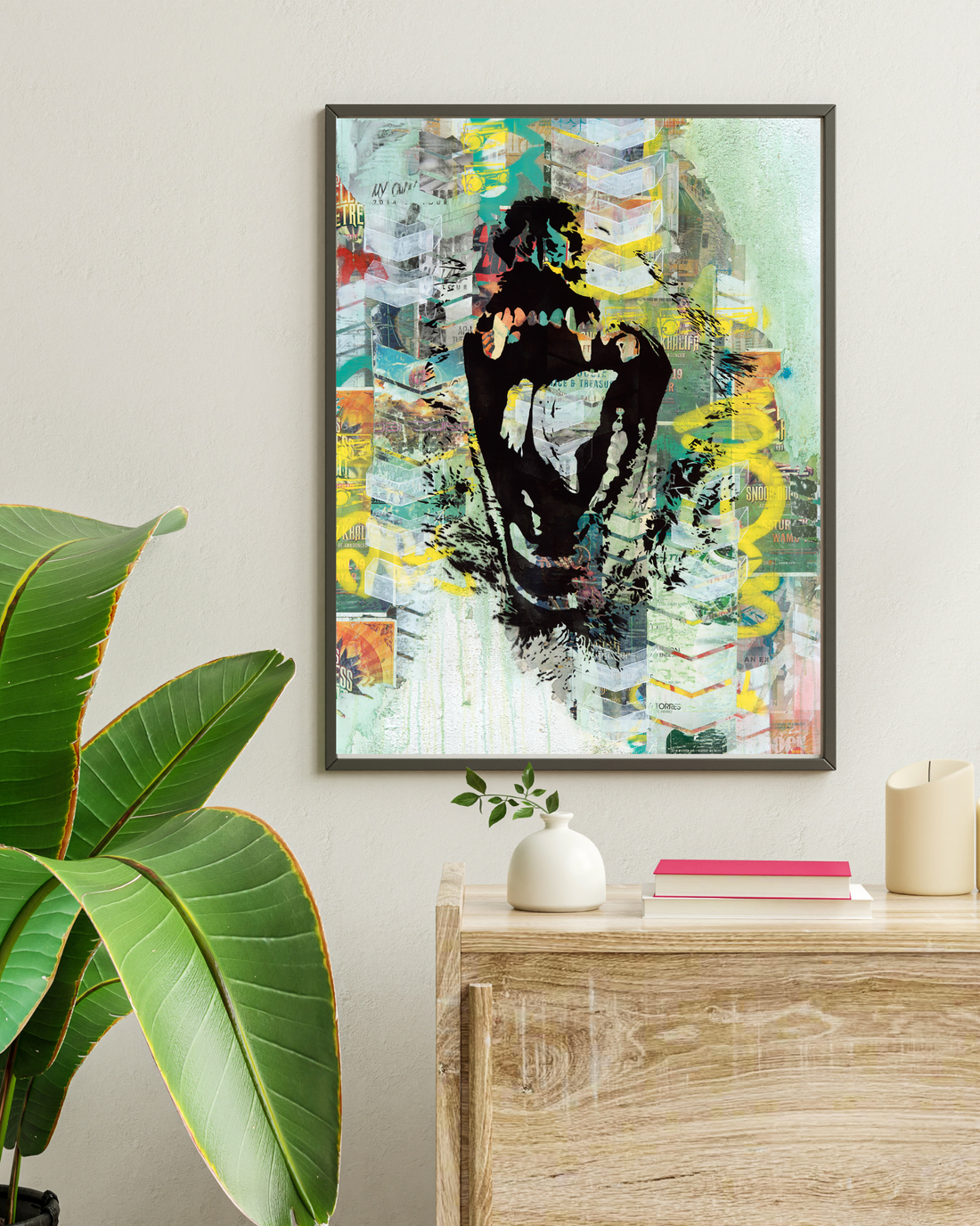 Inner Rage 2 is a bold 36"x48" mixed media artwork featuring a stenciled panther, blending street art with raw emotion. Vibrant splashes of green and black, layered graffiti, and diagonal stripes create dynamic tension, capturing the primal intensity of urban life.