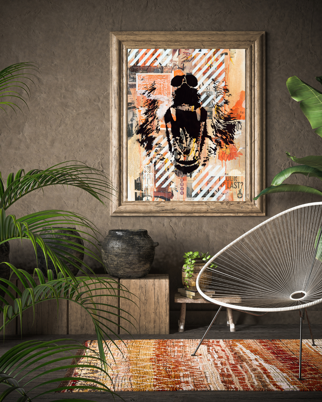 Inner Rage 3 Art Print is a bold 11"x14" print featuring a stenciled bear, blending street art with raw emotion. Vibrant splashes of orange and black, layered graffiti, and diagonal stripes create dynamic tension, capturing the primal intensity of urban life. Perfect for modern spaces, pair with a ZZ Plant for balance.