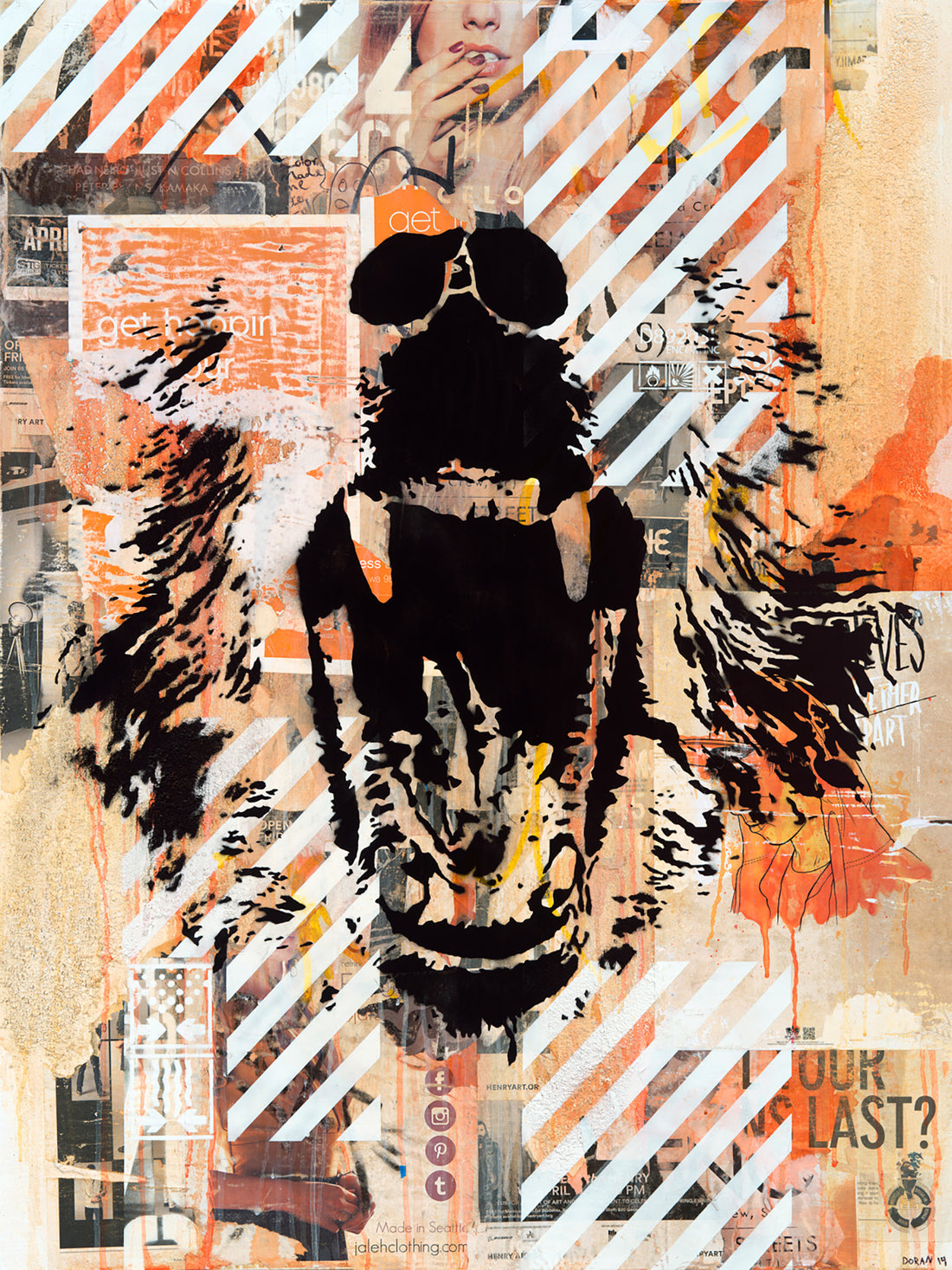 Inner Rage 3 Art Print is a bold 11"x14" print featuring a stenciled bear, blending street art with raw emotion. Vibrant splashes of orange and black, layered graffiti, and diagonal stripes create dynamic tension, capturing the primal intensity of urban life. Perfect for modern spaces, pair with a ZZ Plant for balance.