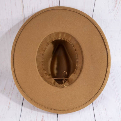 Flat brim fedora hat with herringbone chain detail and structured silhouette. A chic modern accessory perfect for elevated everyday, boho, and western-inspired style.