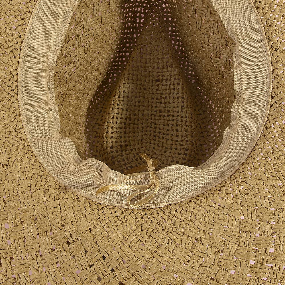 Cowrie Shell Band Cowboy Hat featuring woven paper straw texture and coastal boho western style. Lightweight, breathable, and perfect for beach days or festivals.