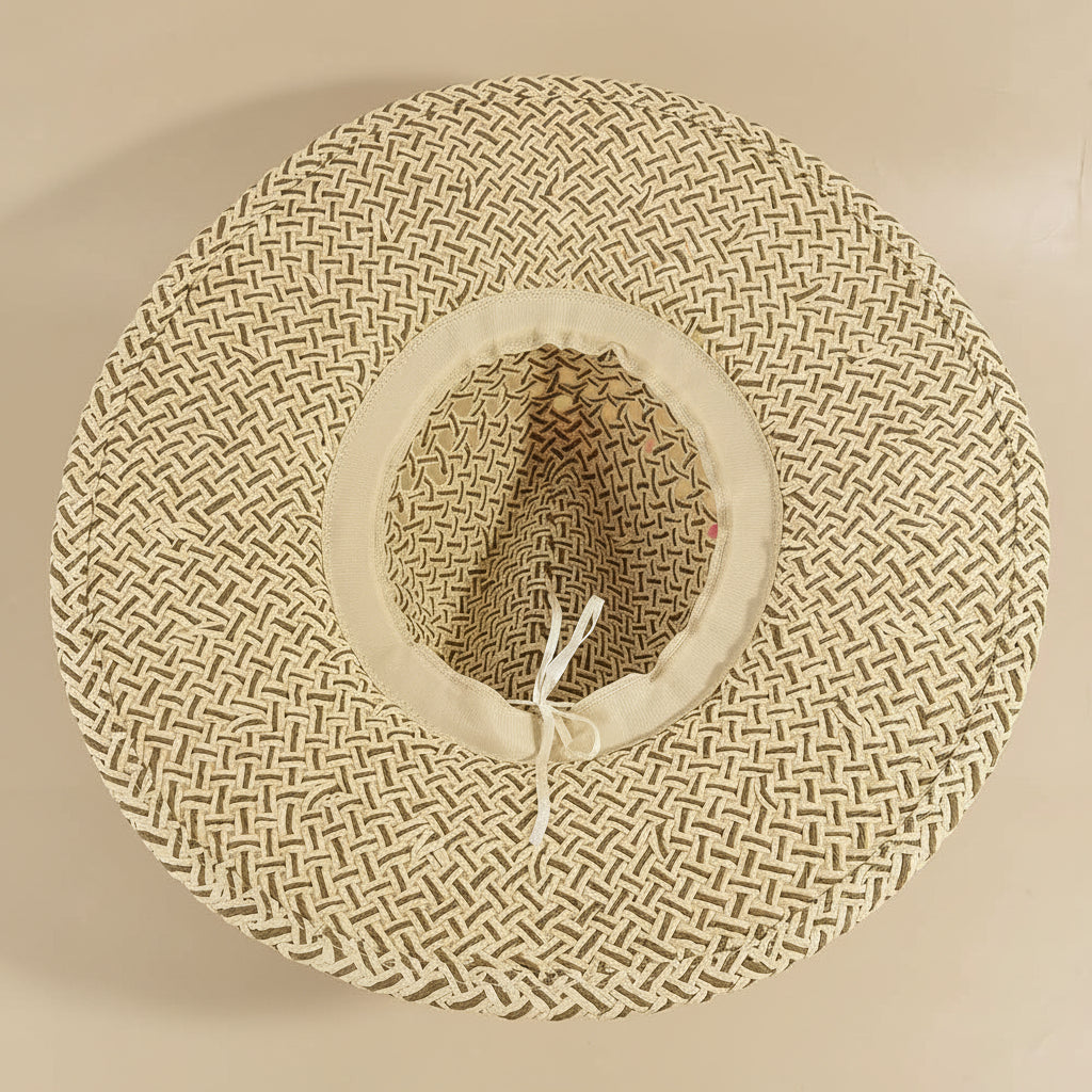 Open weave wide brim straw hat featuring breathable lattice texture and lightweight paper straw design. Perfect for beach days, festivals, vacations, and summer styling.