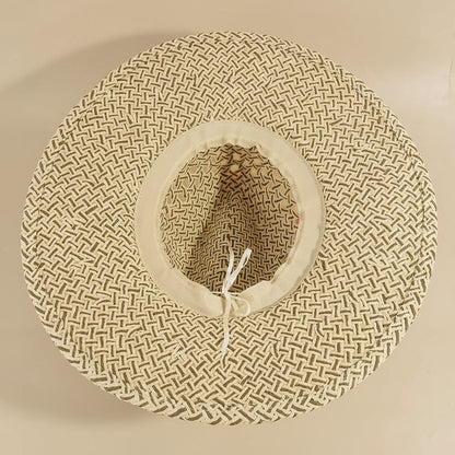 Open weave wide brim straw hat featuring breathable lattice texture and lightweight paper straw design. Perfect for beach days, festivals, vacations, and summer styling.