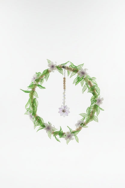 Handmade Botanical Beaded Boho Wreath by KStonely featuring wood beads, glass flowers, crystal accents, and one-of-a-kind botanical artistry.