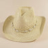 Cowrie Shell Band Cowboy Hat featuring woven paper straw texture and coastal boho western style. Lightweight, breathable, and perfect for beach days or festivals.