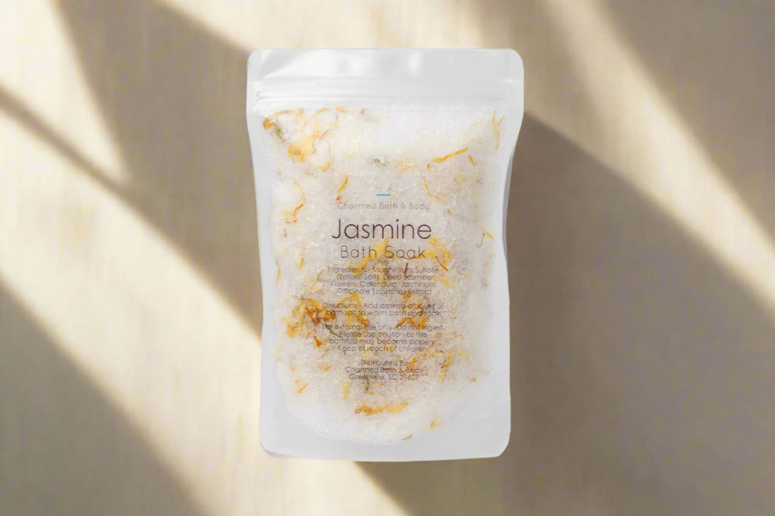 Handcrafted 5 oz botanical bath salts in heat-sealed pouches. Plant-based, aromatic blends with essential oils &amp; florals for a calming, skin-softening soak.