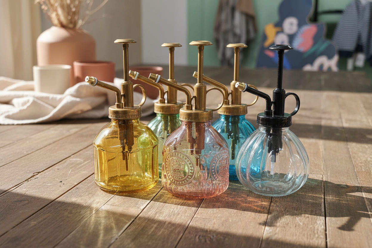 Elevate plant care with jewel-colored glass misters. Ultra-fine misting for houseplants, aroids, orchids, terrariums, and tropicals.