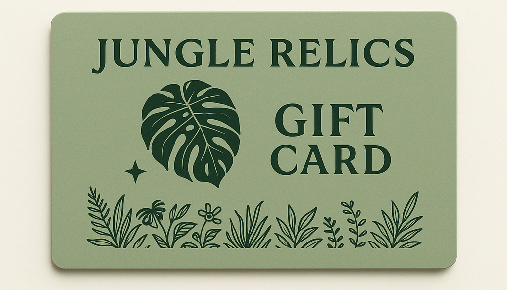 Jungle Relics Gift Card – the perfect gift for plant lovers! Redeemable in-store or online for rare plants, botanical gifts, workshops, and more. Give green joy!