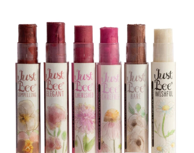 Just Bee Dark Collection Lip Shimmers in Compelling, Elegant &amp; Cherished. Organic, cruelty-free, mineral-based beauty with nourishing beeswax &amp; botanicals.
