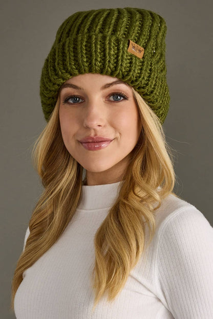 Olive chunky knit cuffed beanie with cozy fleece lining. Made from 100% acrylic, this classic winter hat adds warmth and earthy style to chilly days.