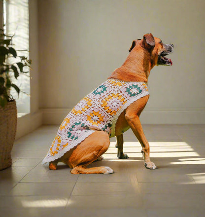 Bubblegum Crochet Dog Pullover Shirt—100% cotton, colorful granny square design. A lightweight dog sweater that keeps pups cool, comfy &amp; full of charm.