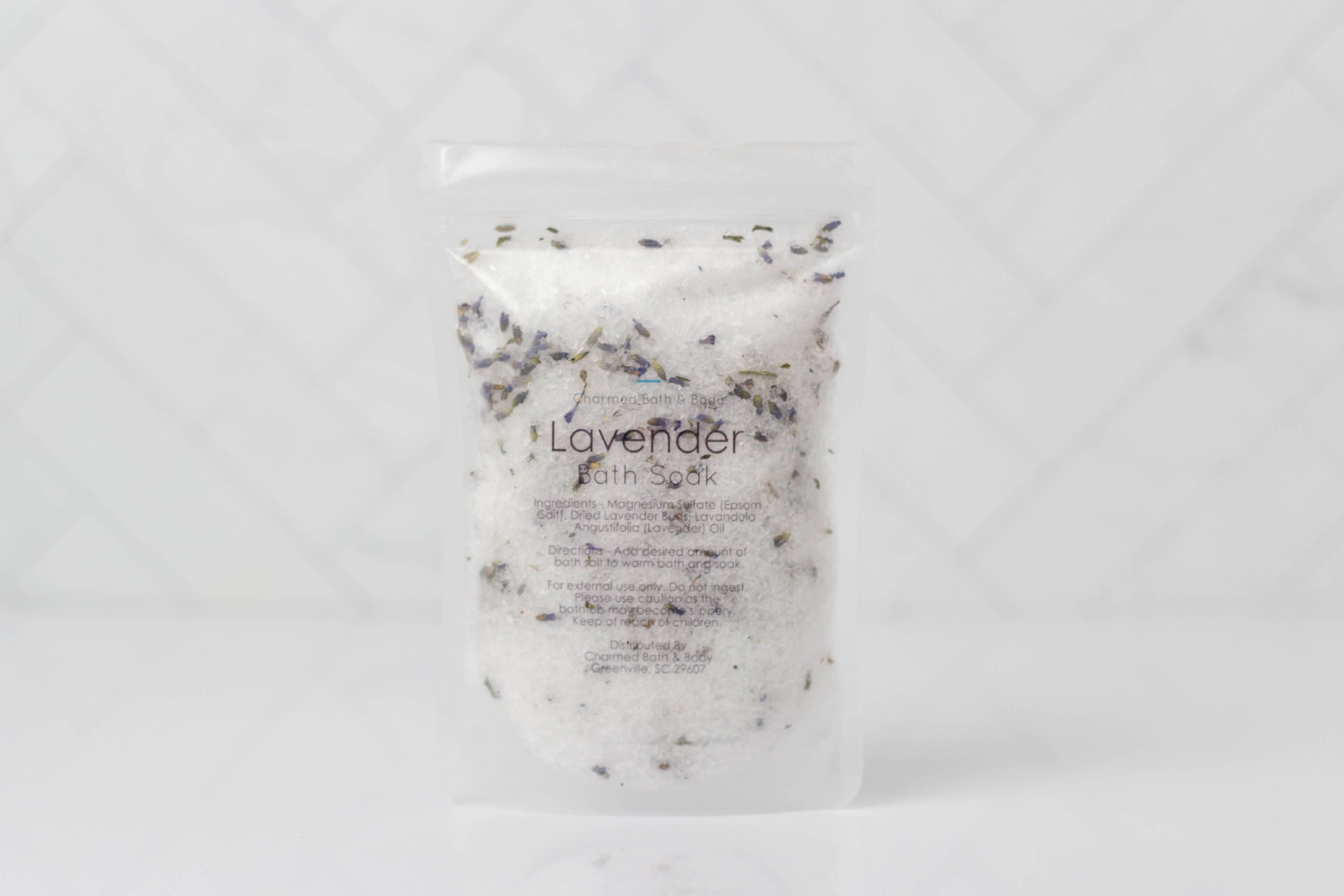 Handcrafted 5 oz botanical bath salts in heat-sealed pouches. Plant-based, aromatic blends with essential oils &amp; florals for a calming, skin-softening soak.