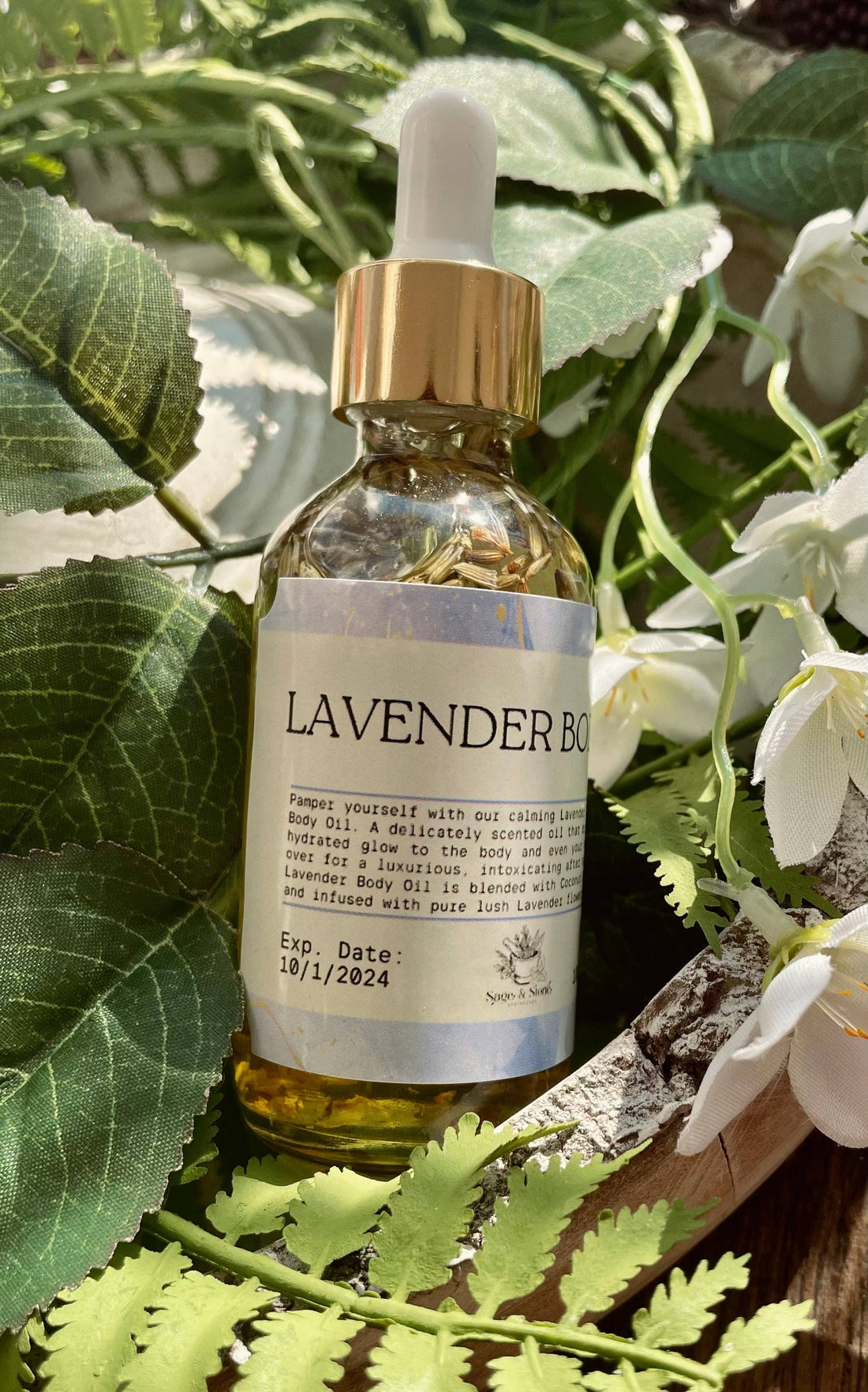 Lavender Body Oil with almond, coconut &amp; vitamin E. Lightweight, soothing, and hydrating for face, body &amp; hair. Organic, vegan &amp; handcrafted.
