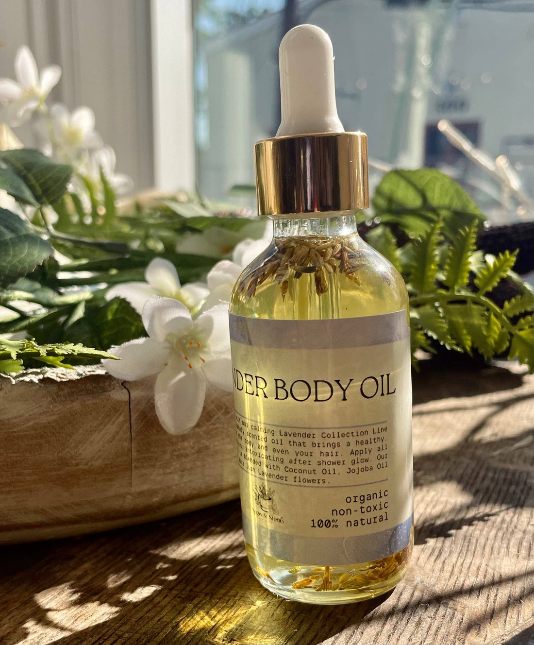 Lavender Body Oil with almond, coconut &amp; vitamin E. Lightweight, soothing, and hydrating for face, body &amp; hair. Organic, vegan &amp; handcrafted.