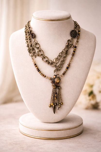 Layered antique-style chains with earthy beads and a charm tassel. The Nomad Layer Necklace is a soulful, wander-inspired statement.