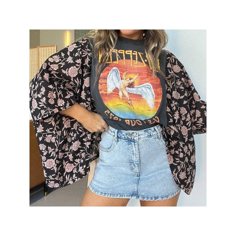 Retro upcycled batwing sleeve tops with artistic prints and loose fit. Perfect for casual wear, festivals, or adding effortless boho-retro flair.