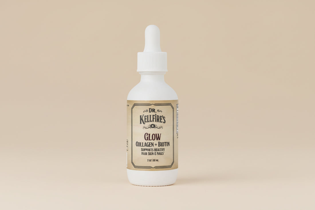 Liquid Collagen + Biotin by Dr. KellFire supports glowing skin, strong hair, and healthy nails with collagen peptides, biotin, and vitamin D.