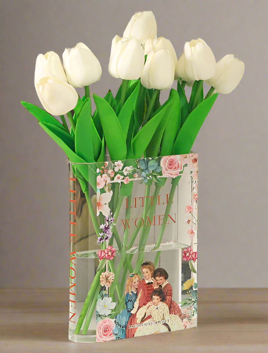 Little Women and Pride and Prejudice Book-inspired acrylic flower vase with slim design for long-stem blooms. Romantic, durable, and stylish—perfect for gifts, home décor, and book lovers.