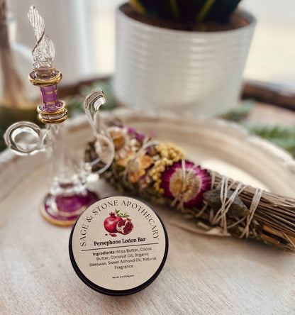 Persephone Lotion Bar hydrates &amp; nourishes with shea butter, cocoa butter &amp; oils. Portable, eco-friendly, and hand-poured for radiant, soft skin.