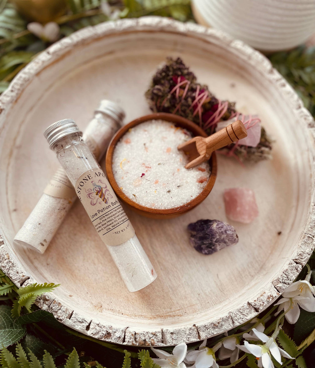 Love Potion Herbal Bath Salts with Epsom &amp; Himalayan salts, rose petals, lavender &amp; calendula. A romantic, soothing soak infused with oils for self-care.