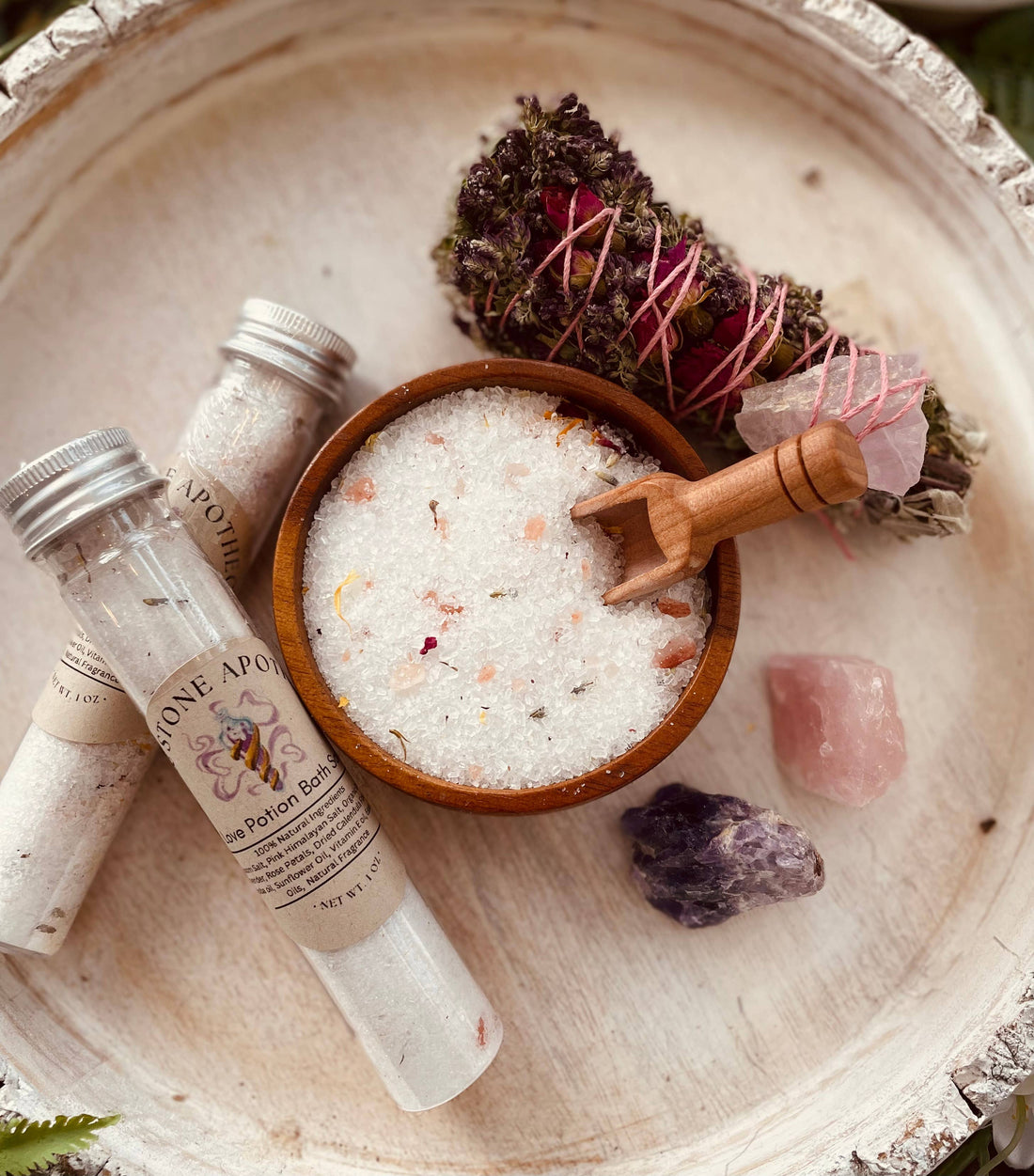 Love Potion Herbal Bath Salts with Epsom &amp; Himalayan salts, rose petals, lavender &amp; calendula. A romantic, soothing soak infused with oils for self-care.