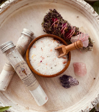 Love Potion Herbal Bath Salts with Epsom &amp; Himalayan salts, rose petals, lavender &amp; calendula. A romantic, soothing soak infused with oils for self-care.