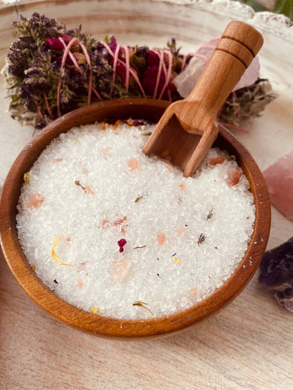 Love Potion Herbal Bath Salts with Epsom &amp; Himalayan salts, rose petals, lavender &amp; calendula. A romantic, soothing soak infused with oils for self-care.